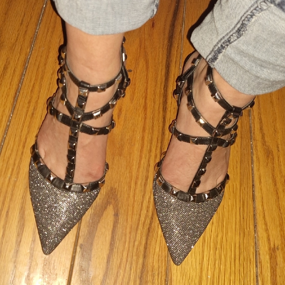 BCBG Glittering Silver Studded Kitten Heels